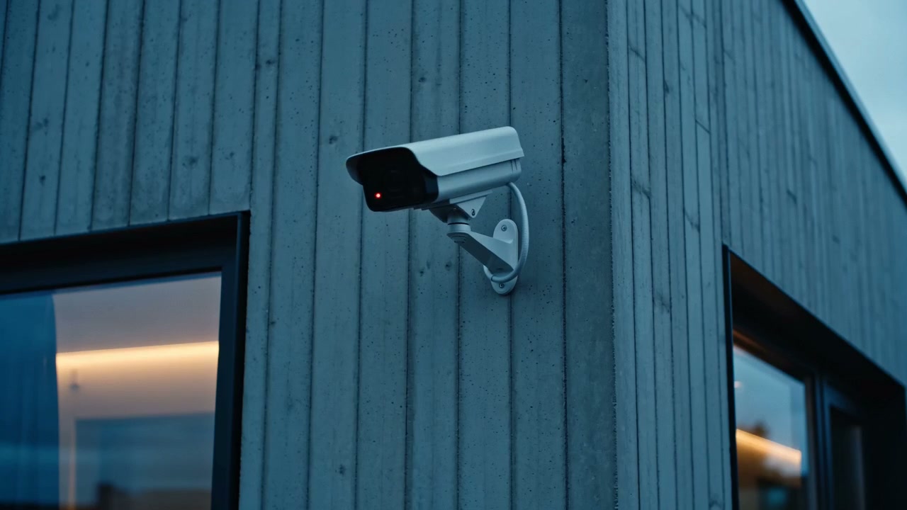 Moderne PTZ-Sicherheitskamera an einer Hauswand bei Blue Hour